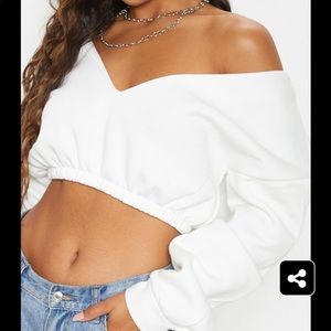 PrettyLittleThing Cream Crop Off Shoulder Sweater